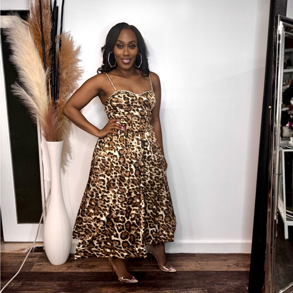 Leopard Print Rhinestone Trim Women's Dress